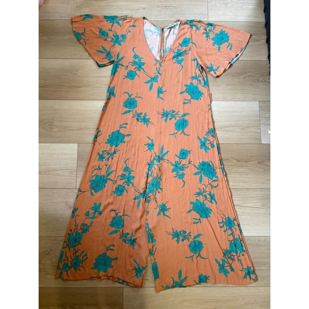 Blue Elephant Floral Jumpsuit Large Orange Teal Flutter Sleeve Wide Leg Boho